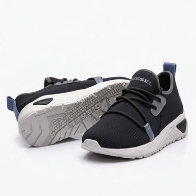 Diesel black low-top knit sneakers with white chunky sole and Diesel logo