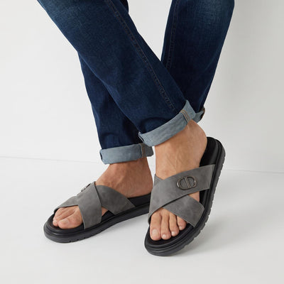 Dior grey cross-strap men's slides with CD logo on strap and black sole