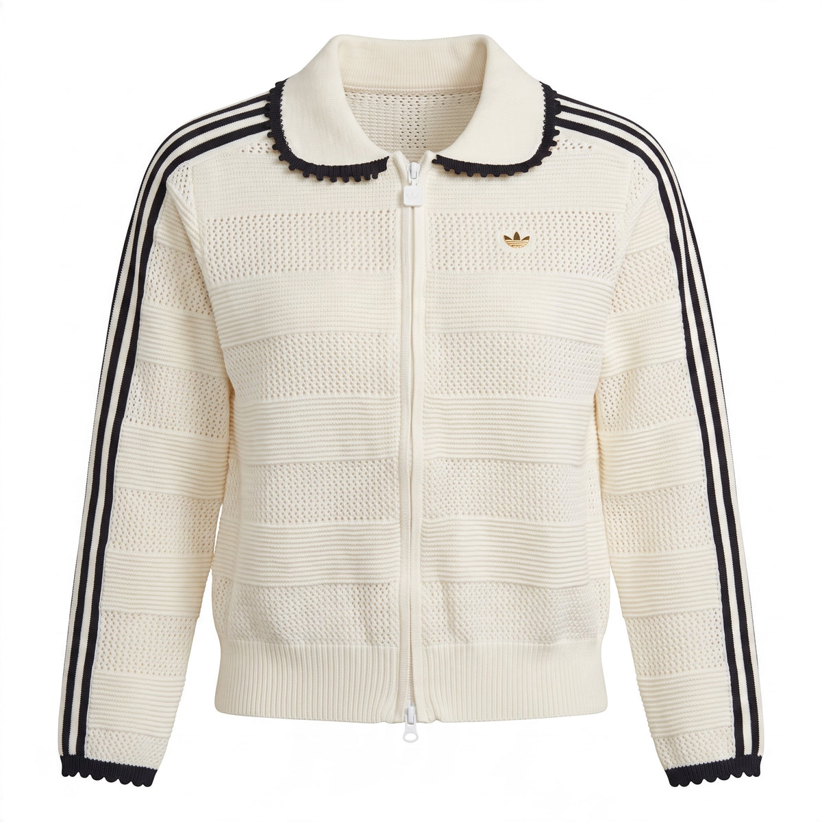 Cream Adidas knit zip track jacket with navy three stripes and scalloped trim