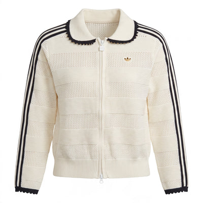 Cream Adidas knit zip track jacket with navy three stripes and scalloped trim