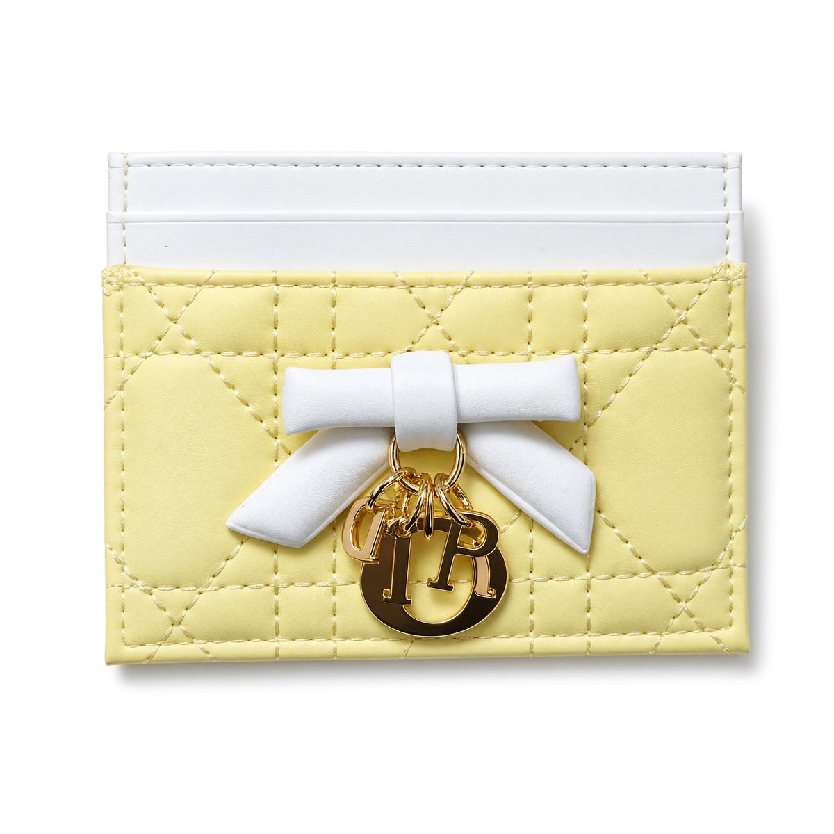 Yellow quilted card holder with white bow and gold letter charms