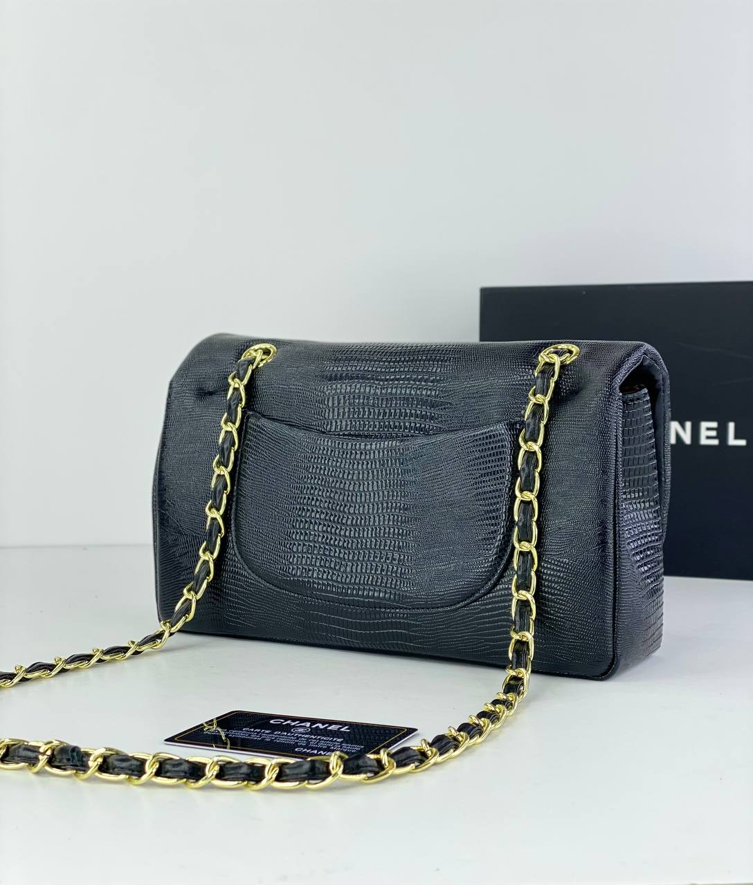 Chanel Black Lizard Leather Flap Bag with Gold Chain