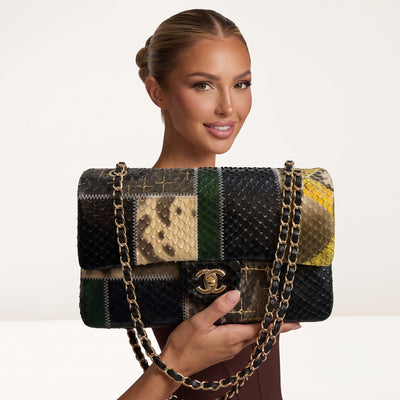 Chanel patchwork snakeskin classic flap bag with gold chain strap and CC turn-lock