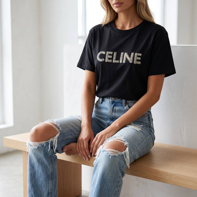 Celine Black Rhinestone Logo T-Shirt 🖤✨💎 - MASTERPIECE
