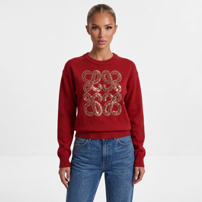 Red Loewe crewneck sweater with stacked sequin Anagram on front
