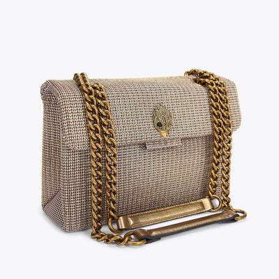 Kurt Geiger brown houndstooth shoulder bag with double chain strap and bird-head clasp