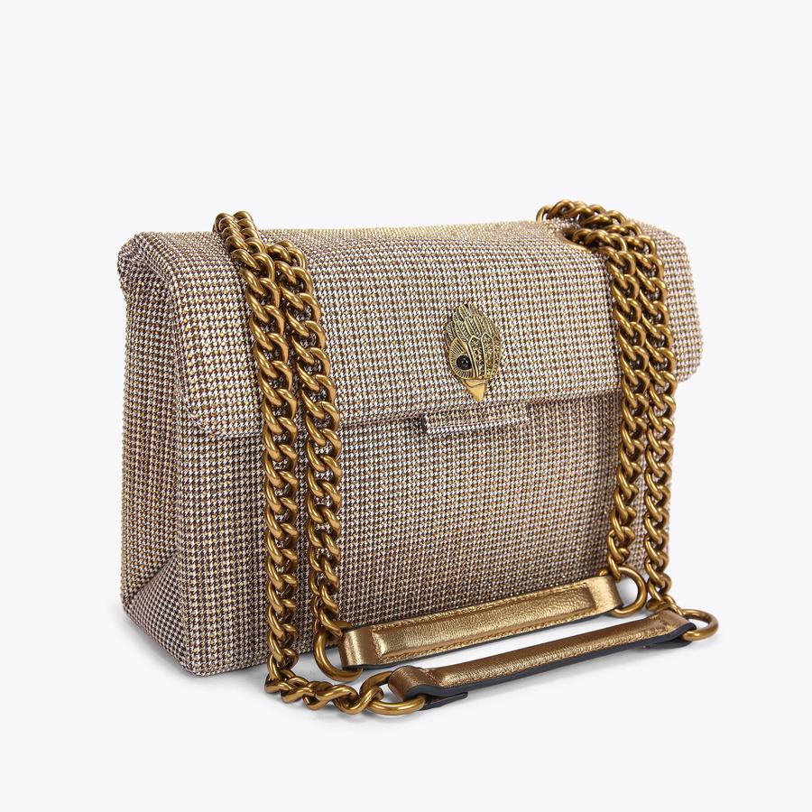 Kurt Geiger brown houndstooth shoulder bag with double chain strap and bird-head clasp