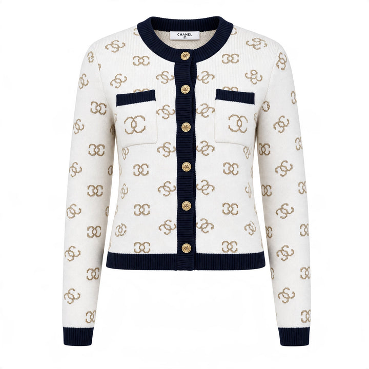 Chanel Cardigan – Cream Navy Knit