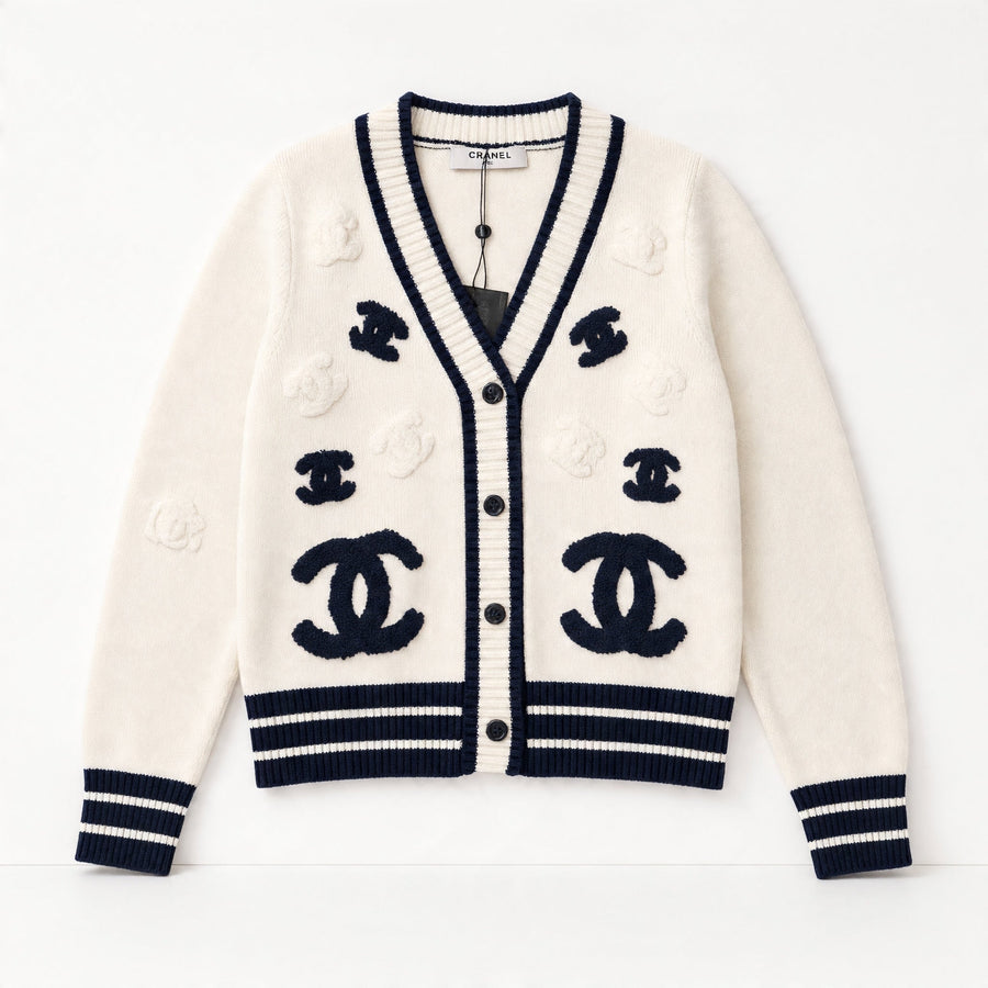 Chanel Cardigan – Cream & Navy Logo V‑Neck