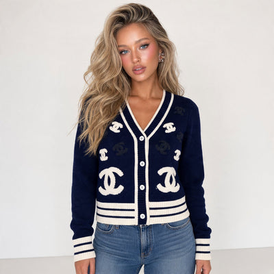 Chanel Classic CC Cardigan – Navy & Ivory Knit - MASTERPIECE