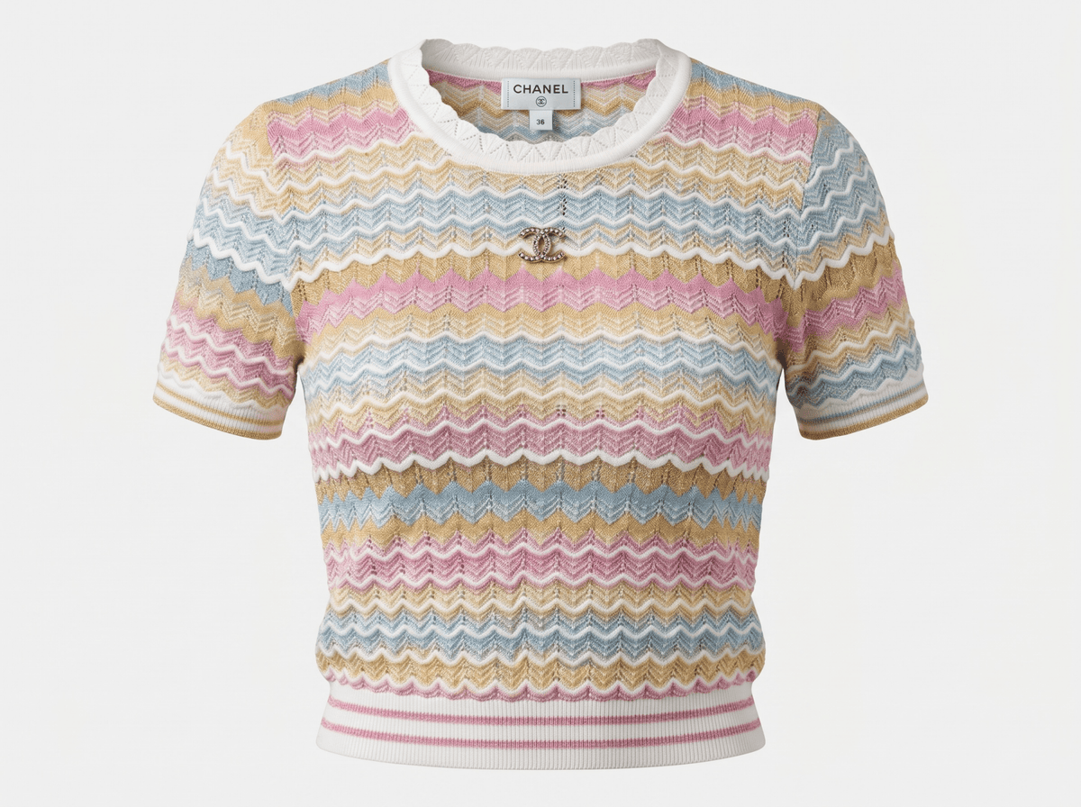 Chanel Pastel Chevron Knit Short Sleeve Top 🌸🩵✨ - MASTERPIECE