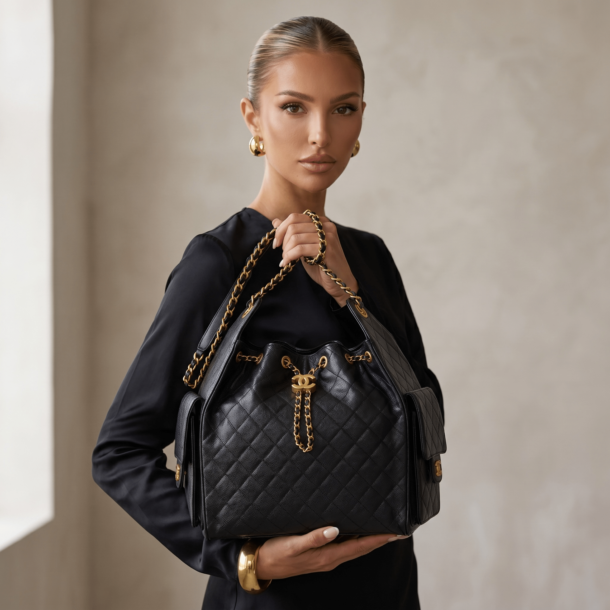 👜 Chanel Quilted Drawstring Bucket Bag – Black Caviar Leather - MASTERPIECE
