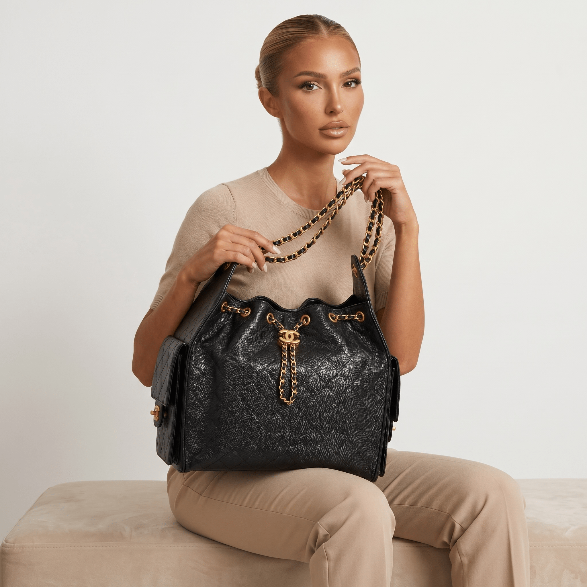 👜 Chanel Quilted Drawstring Bucket Bag – Black Caviar Leather - MASTERPIECE