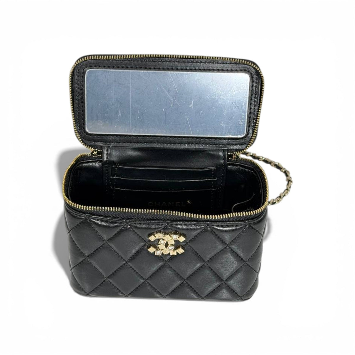 Chanel Quilted Vanity Case with Top Handle and Mirror — Black & Gold - MASTERPIECE