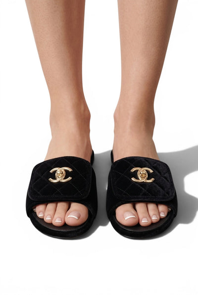 CHANEL Quilted Velvet Slides – Black 🖤✨ | Timeless CC Luxury - MASTERPIECE