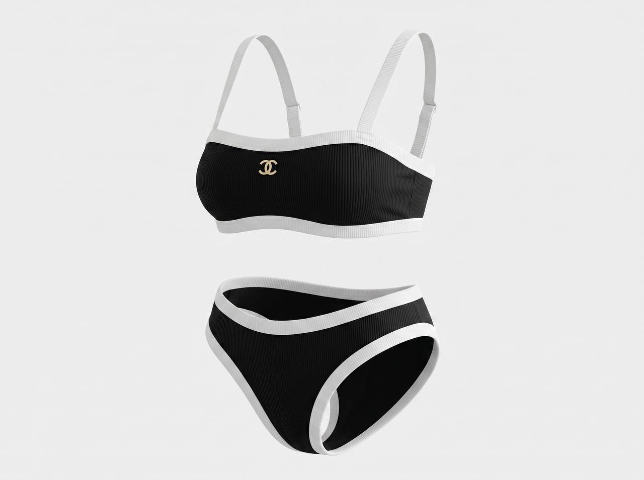 Chanel Ribbed Contrast Trim Bikini Set – Black & White - MASTERPIECE