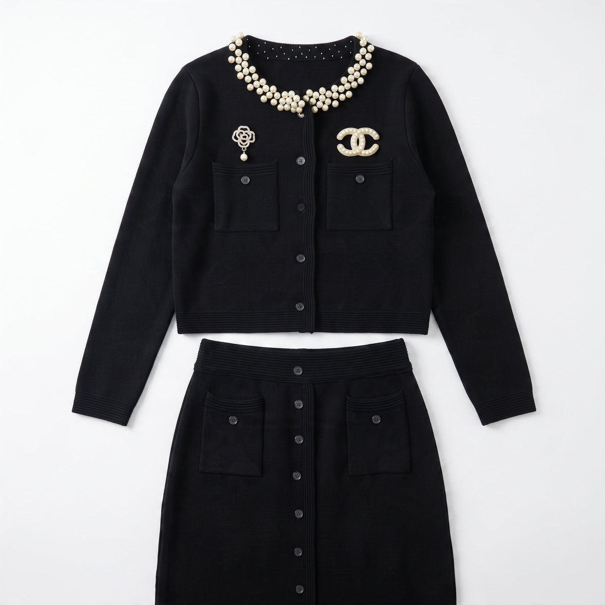 Chanel set skirt and cardigan– Black Pearl Collar - MASTERPIECE