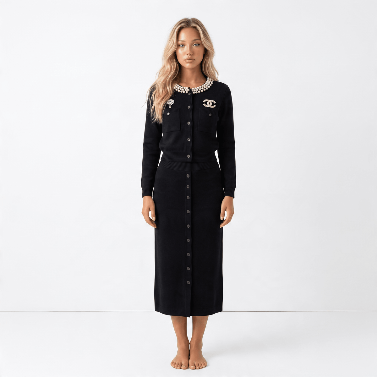 Chanel set skirt and cardigan– Black Pearl Collar