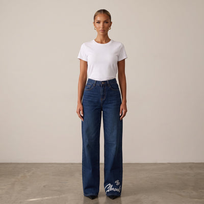 Chanel Signature Wide-Leg Denim Jeans – Blue Embroidered Logo🥥🧿 - MASTERPIECE