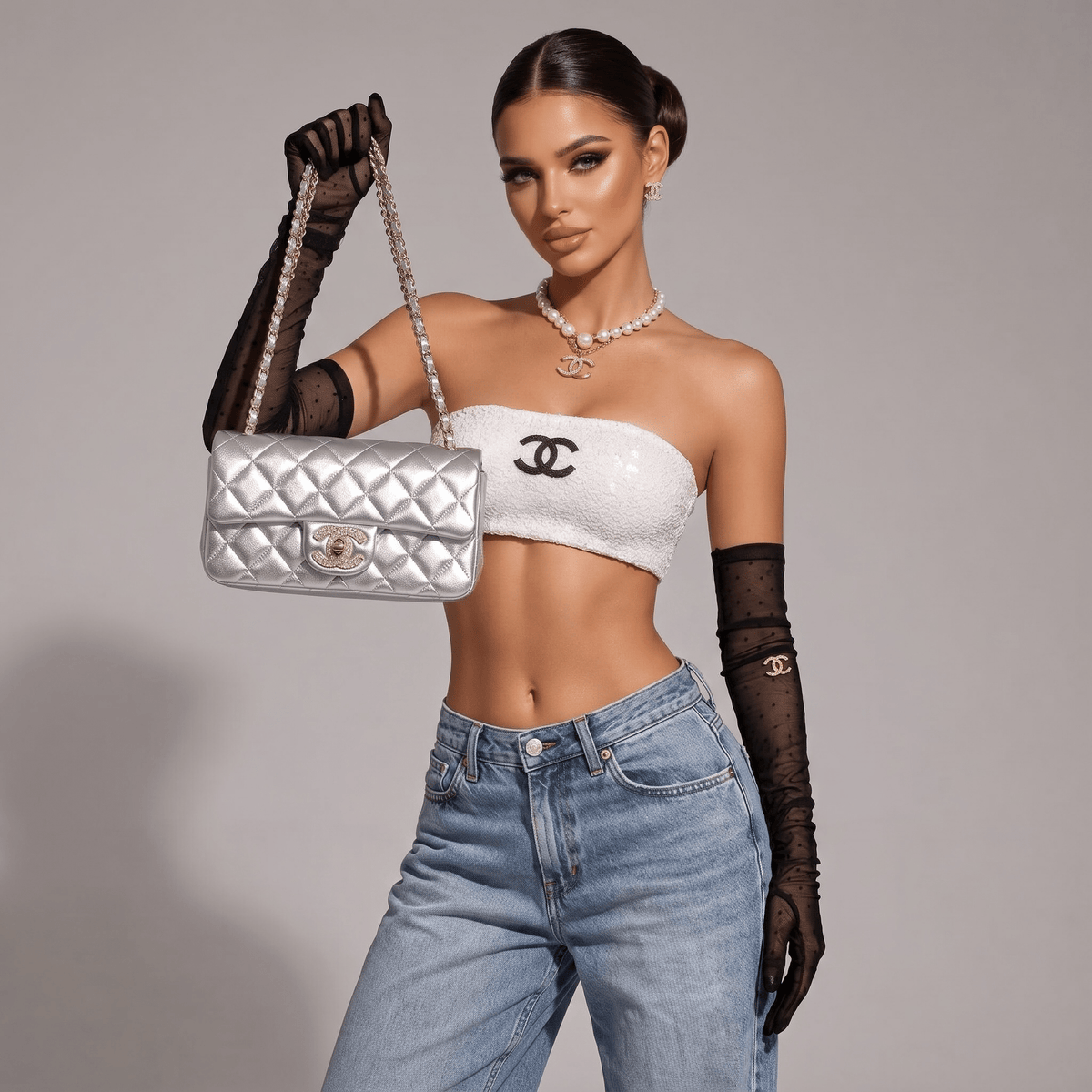 ✨ Chanel Silver Quilted Chain Bag – Crystal CC Metallic Shoulder Bag - MASTERPIECE
