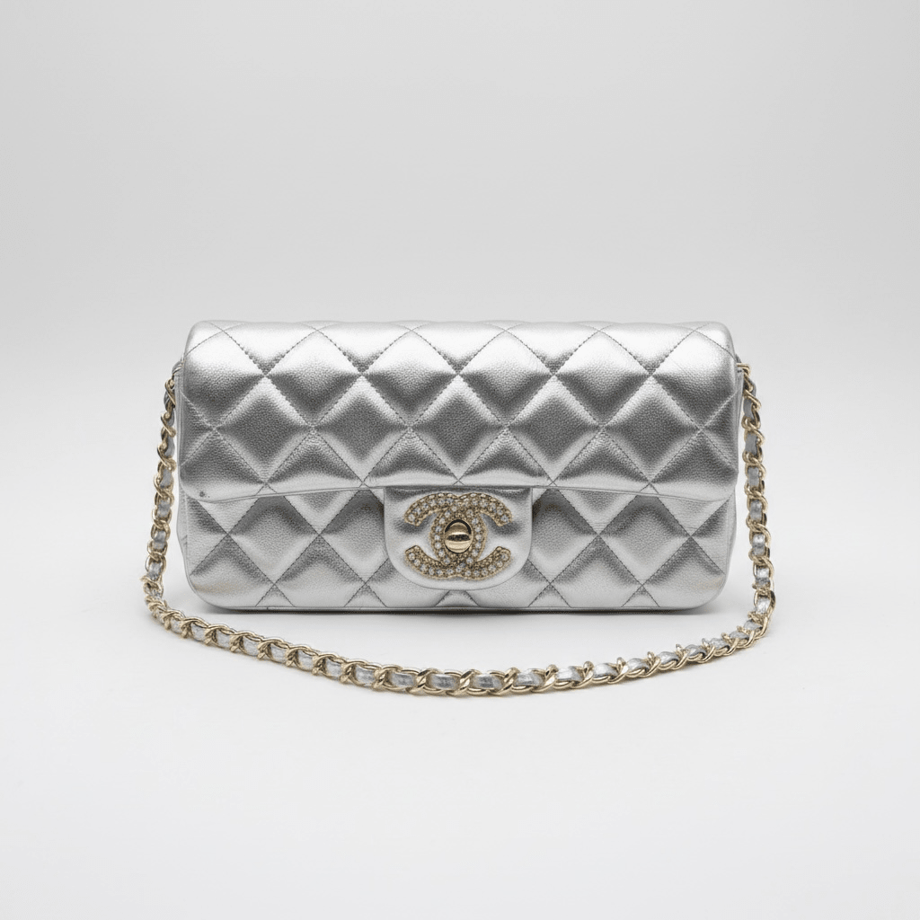 ✨ Chanel Silver Quilted Chain Bag – Crystal CC Metallic Shoulder Bag - MASTERPIECE