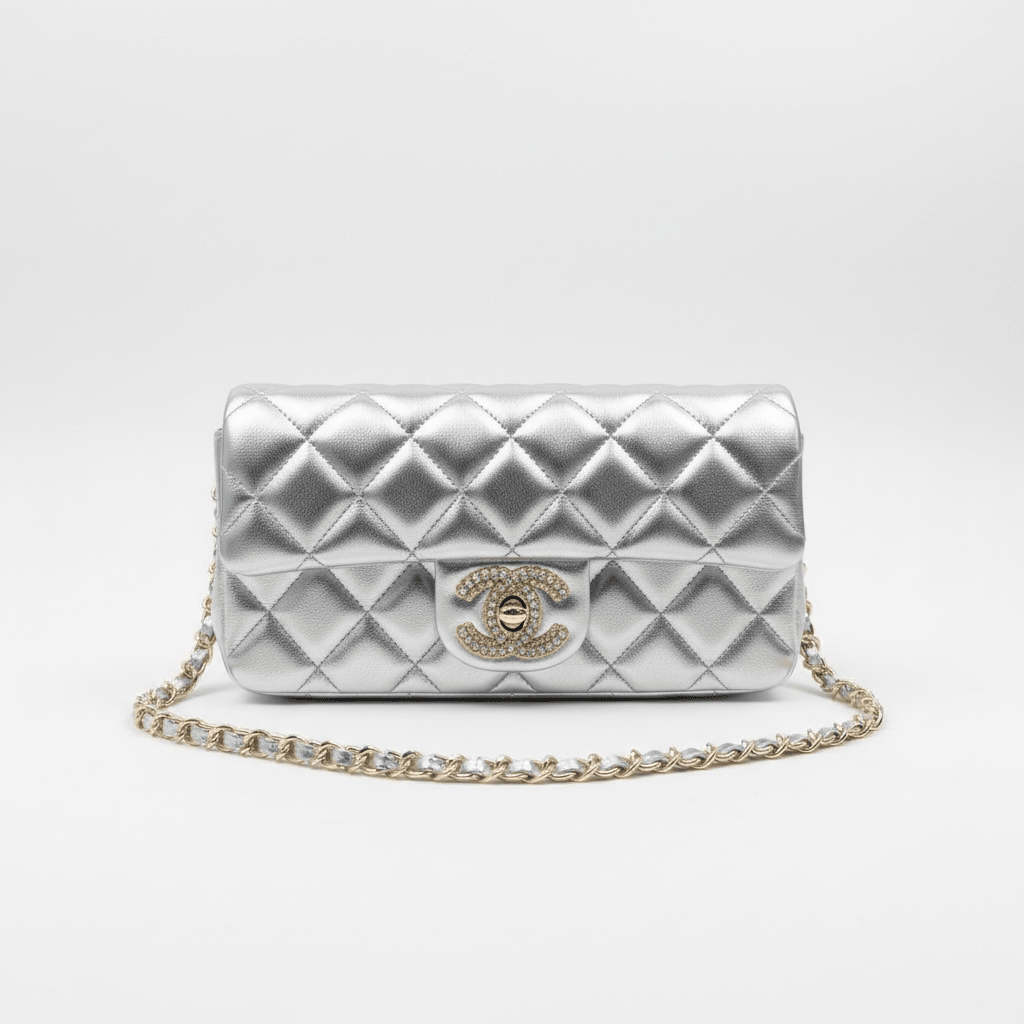 ✨ Chanel Silver Quilted Chain Bag – Crystal CC Metallic Shoulder Bag - MASTERPIECE