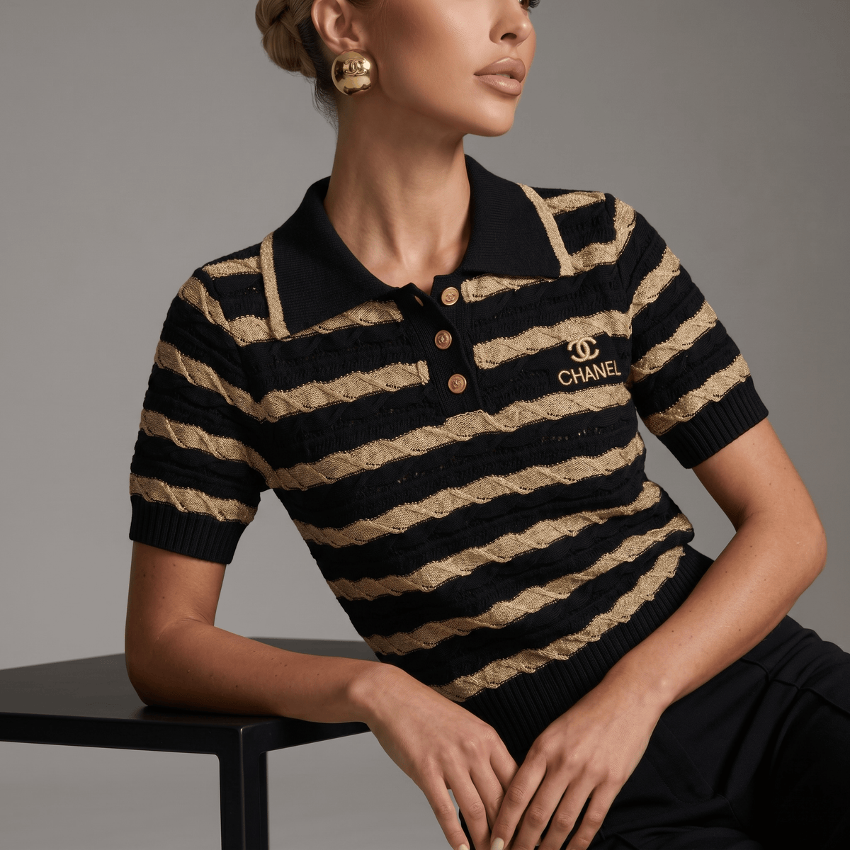 Chanel Striped Knit Polo Top — Black & Gold - MASTERPIECE
