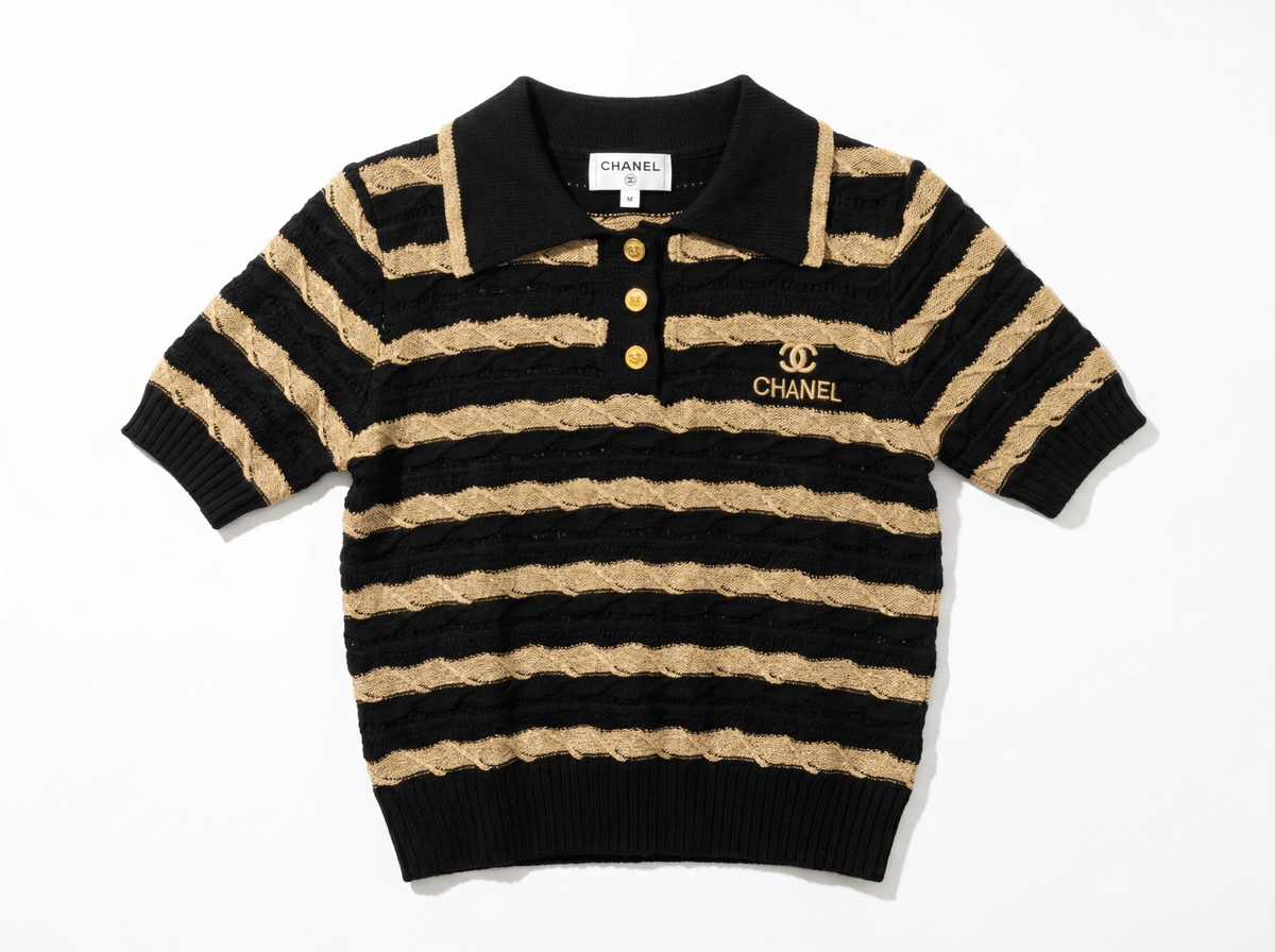 Chanel Striped Knit Polo Top — Black & Gold - MASTERPIECE