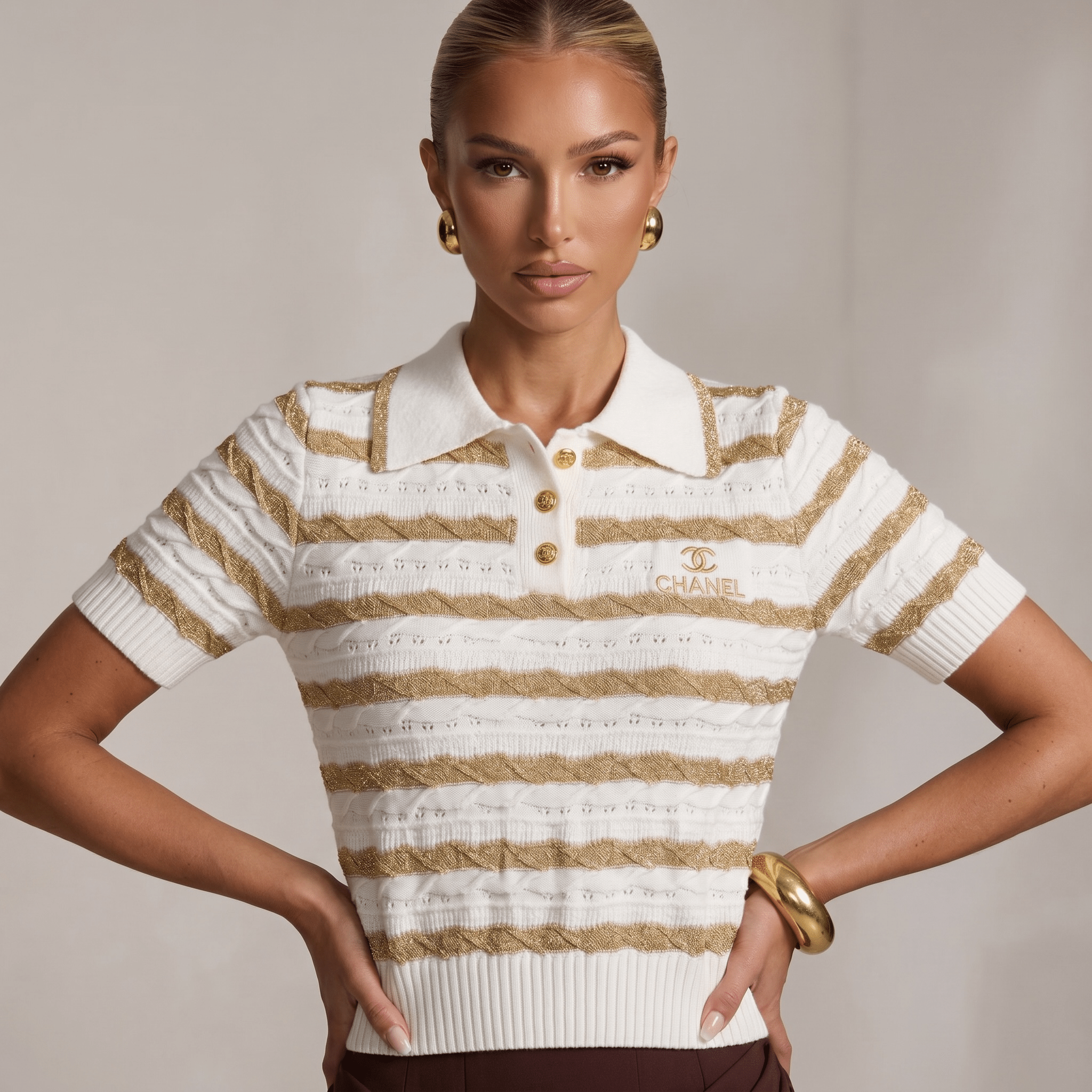 ✨ Chanel White & Gold Striped Knit Polo Top - MASTERPIECE