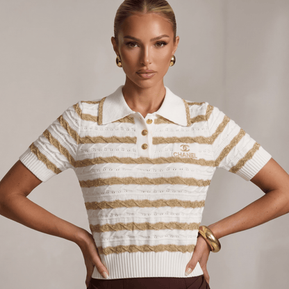 ✨ Chanel White & Gold Striped Knit Polo Top - MASTERPIECE