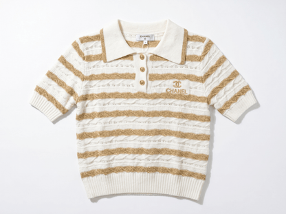 ✨ Chanel White & Gold Striped Knit Polo Top - MASTERPIECE