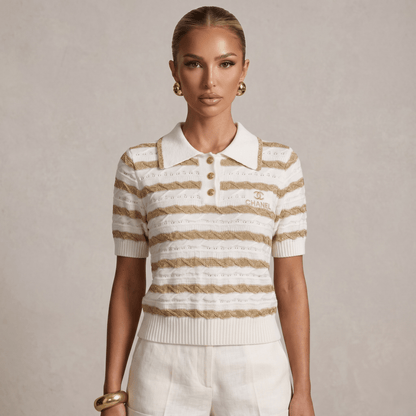 ✨ Chanel White & Gold Striped Knit Polo Top - MASTERPIECE