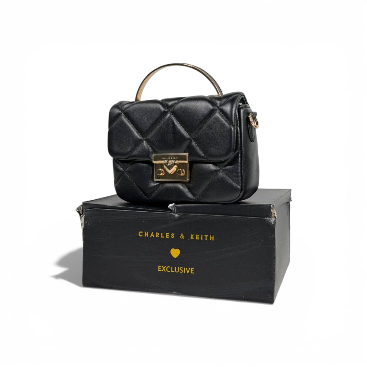 Charles & Keith Quilted Mini Top Handle Bag Black Gold Hardware - MASTERPIECE