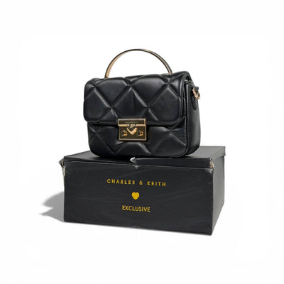 Charles & Keith Quilted Mini Top Handle Bag Black Gold Hardware - MASTERPIECE