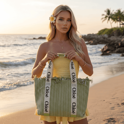 💚 Chloé Green Woven Tote Bag | Luxury Summer Beach Shopper 🌿 - MASTERPIECE