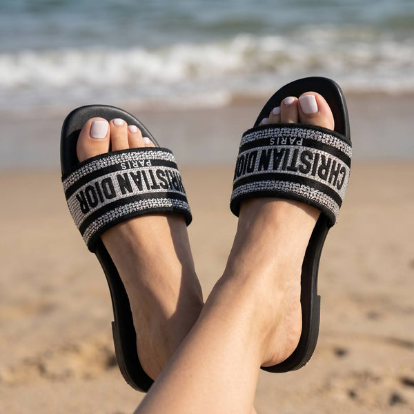Christian Dior Dway Crystal Logo Slides – Black & Silver ✨