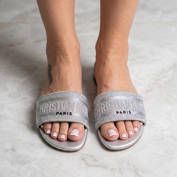 Christian Dior Dway Crystal Logo Slides – Silver Beach Edition ✨