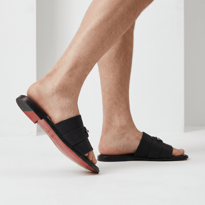 Christian Louboutin Inspired Black Leather Slide Sandals – Luxury Designer Summer Slippers ❤️🖤 - MASTERPIECE