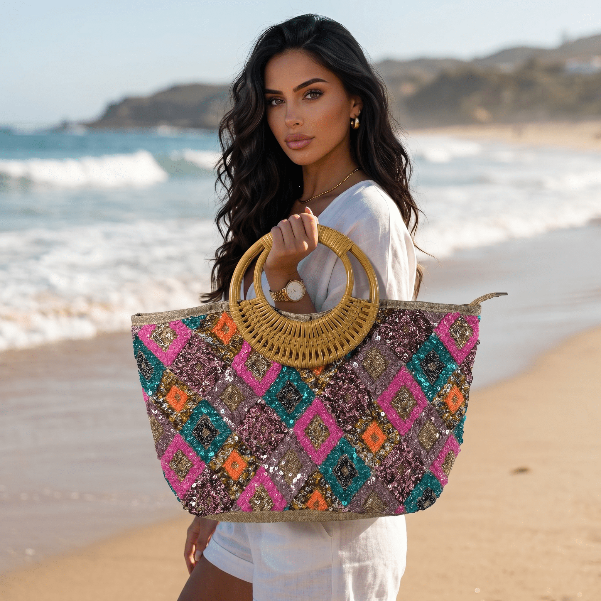 🌈 Colorful Sequin Beach Tote Bag | Boho Luxury Summer Handbag ✨ - MASTERPIECE