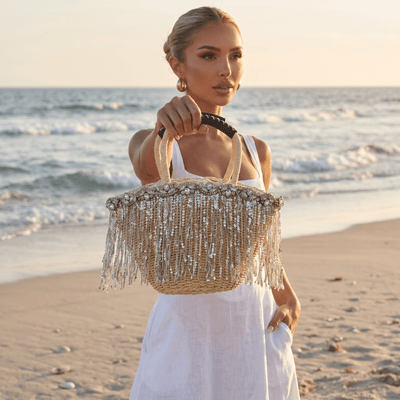 Crystal Fringe Woven Beach Tote – Natural Beige ✨🏖️ - MASTERPIECE