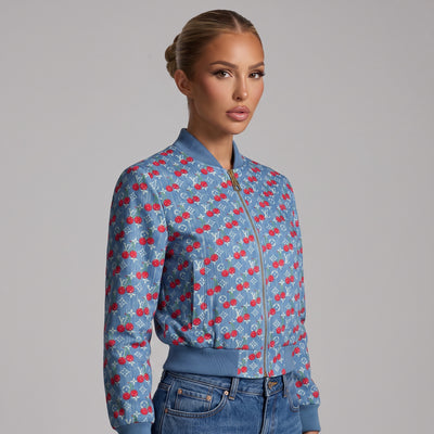 Blue Louis Vuitton bomber jacket with cherry and monogram print