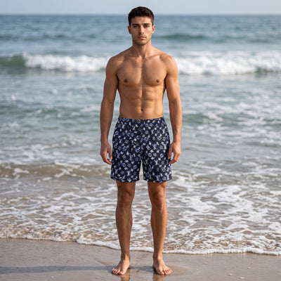 men's navy Louis Vuitton monogram swim shorts with drawstring at beach