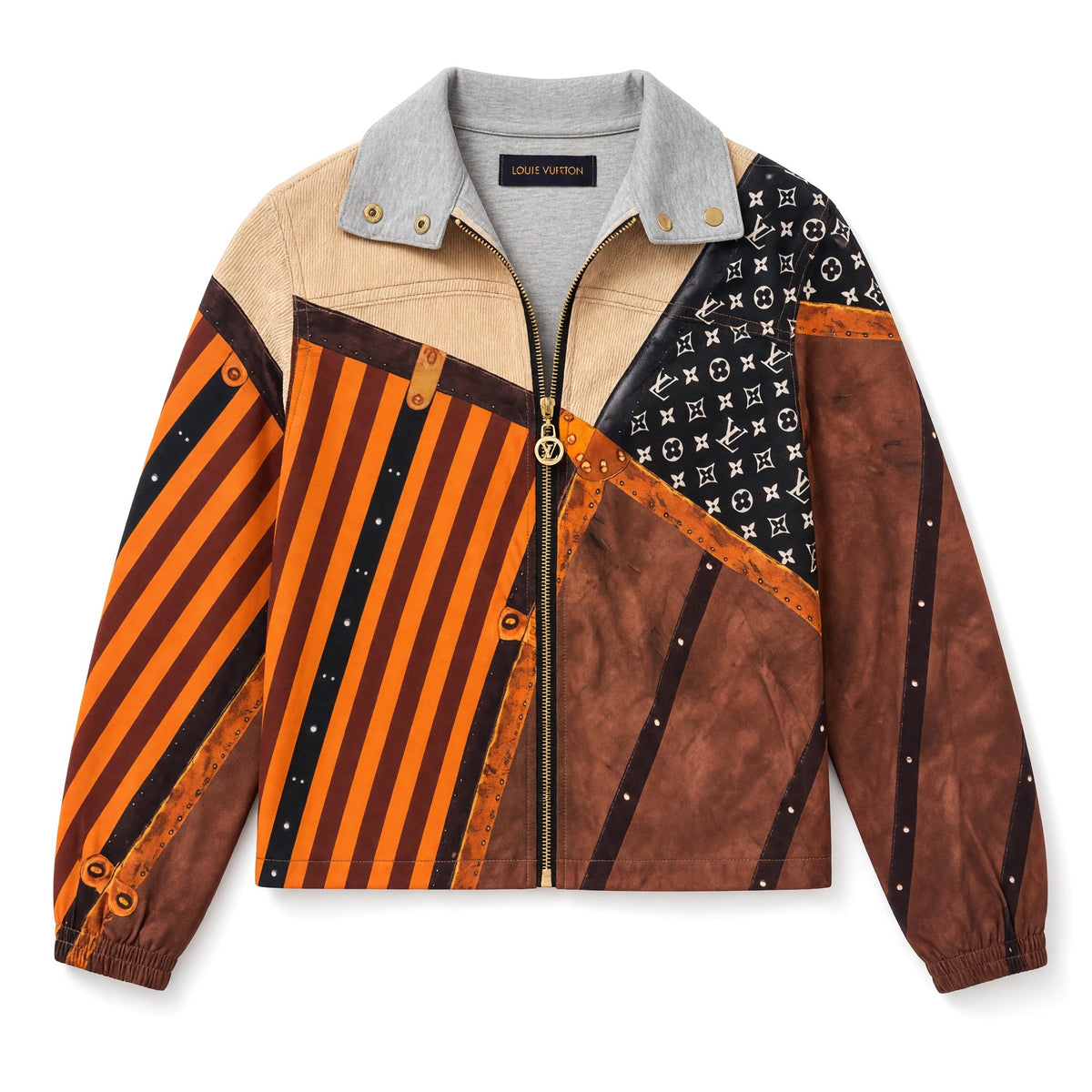 Louis Vuitton patchwork bomber jacket with orange stripes and monogram panels, zip front and grey hood