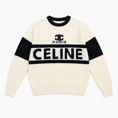 Ivory and black Celine crewneck sweater with large CELINE logo and Triomphe emblem
