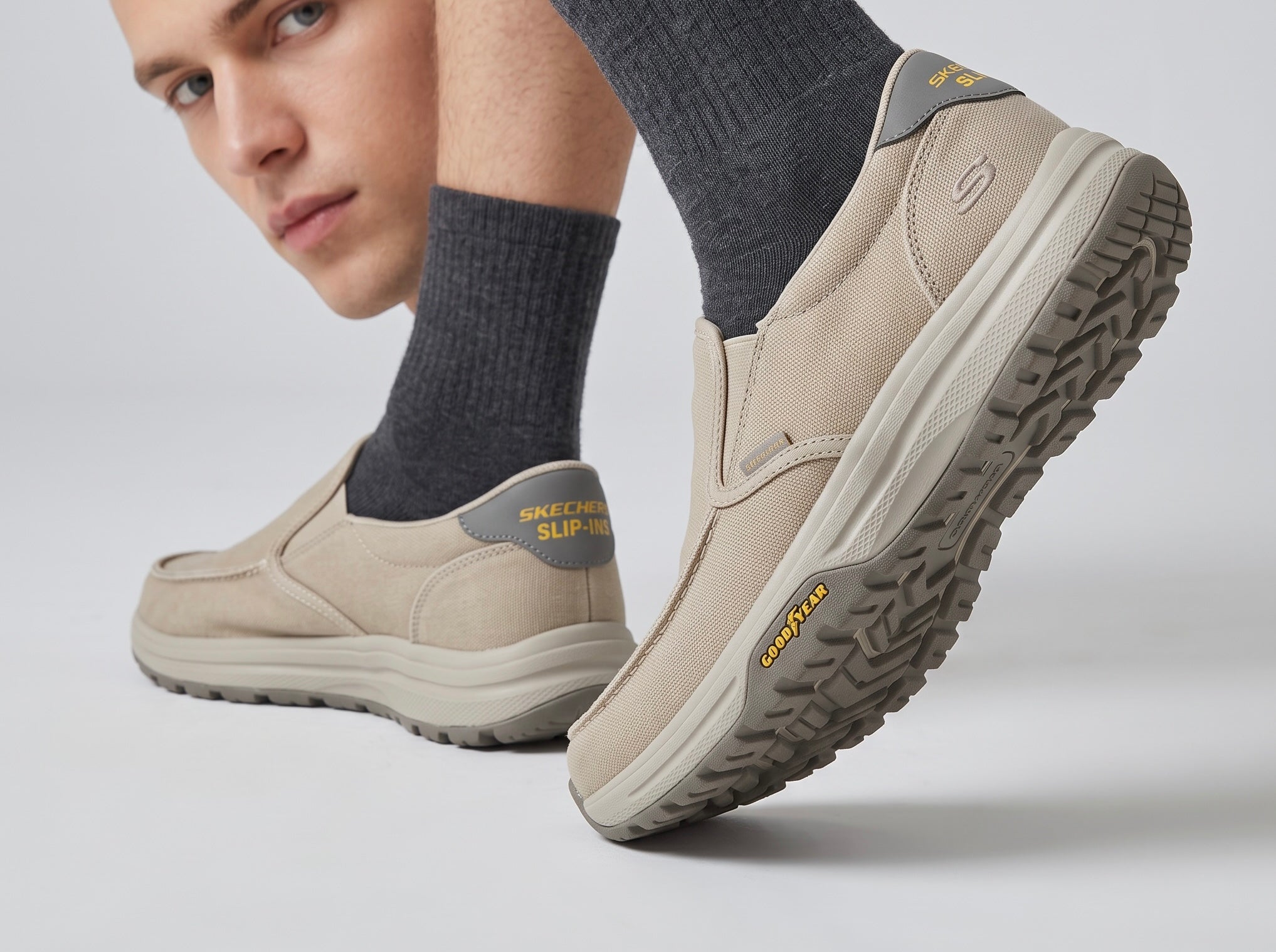 beige Skechers slip-on shoe with Goodyear outsole