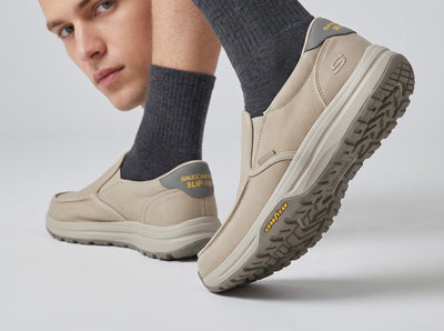 beige Skechers slip-on shoe with Goodyear outsole
