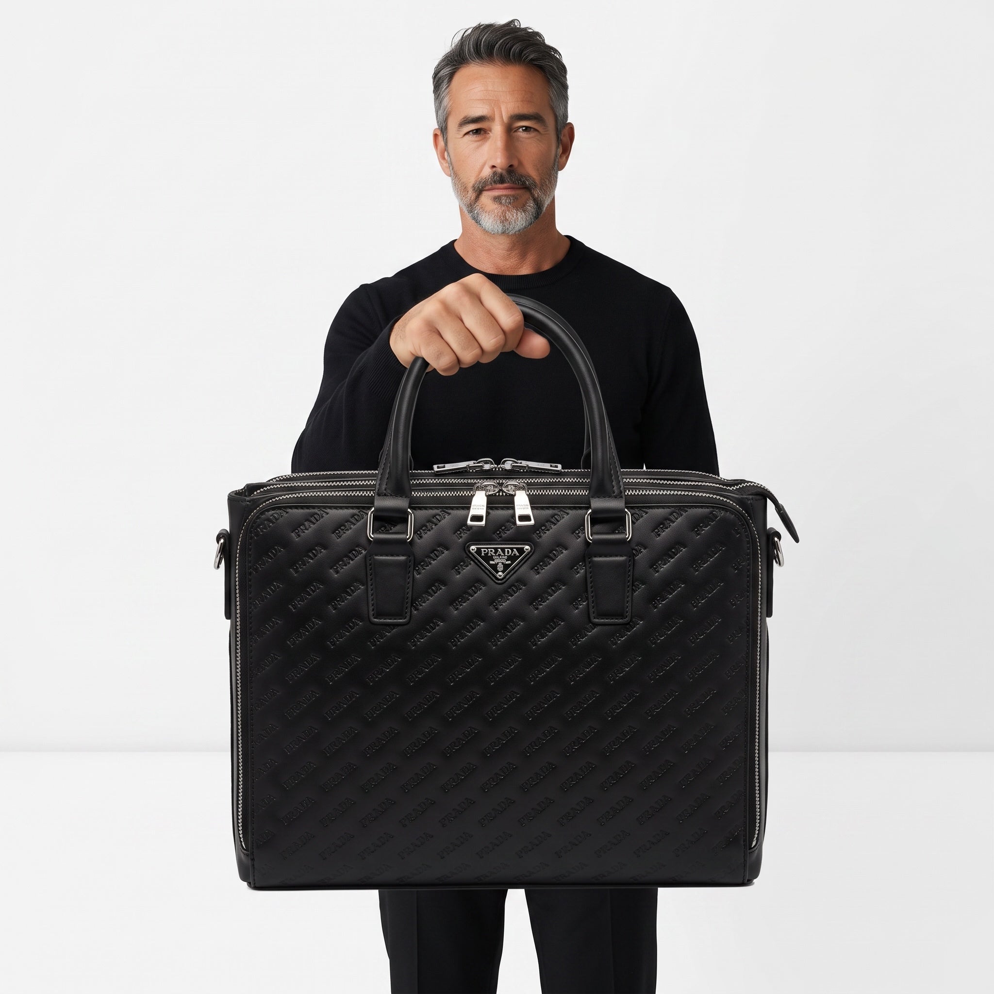Black Prada embossed leather briefcase with top handles and silver hardware