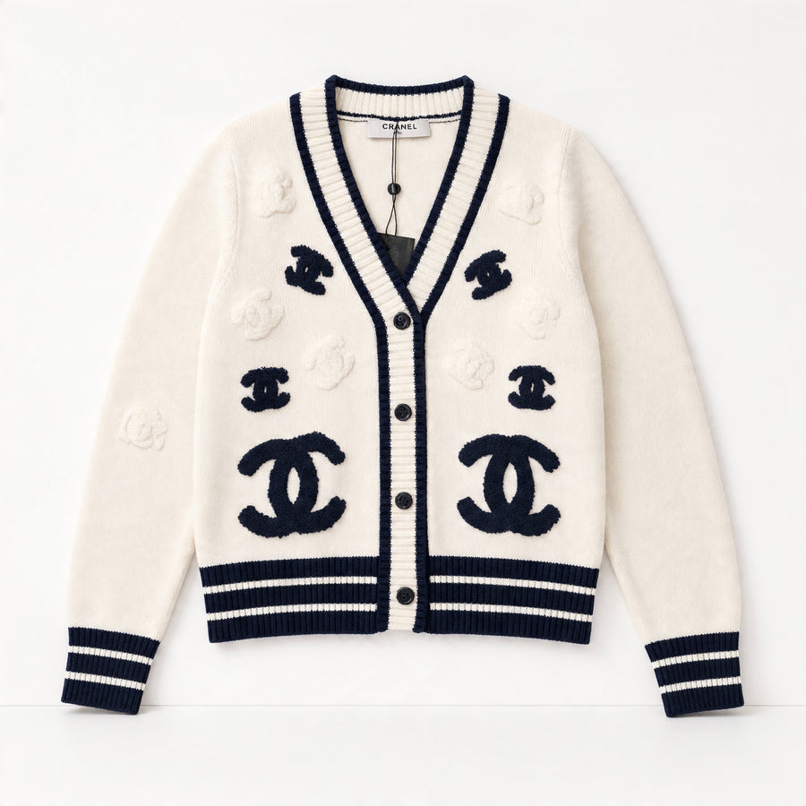 Chanel Cardigan – Cream & Navy Logo V‑Neck