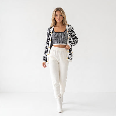 Balmain black and white logo knit cardigan with gold square buttons