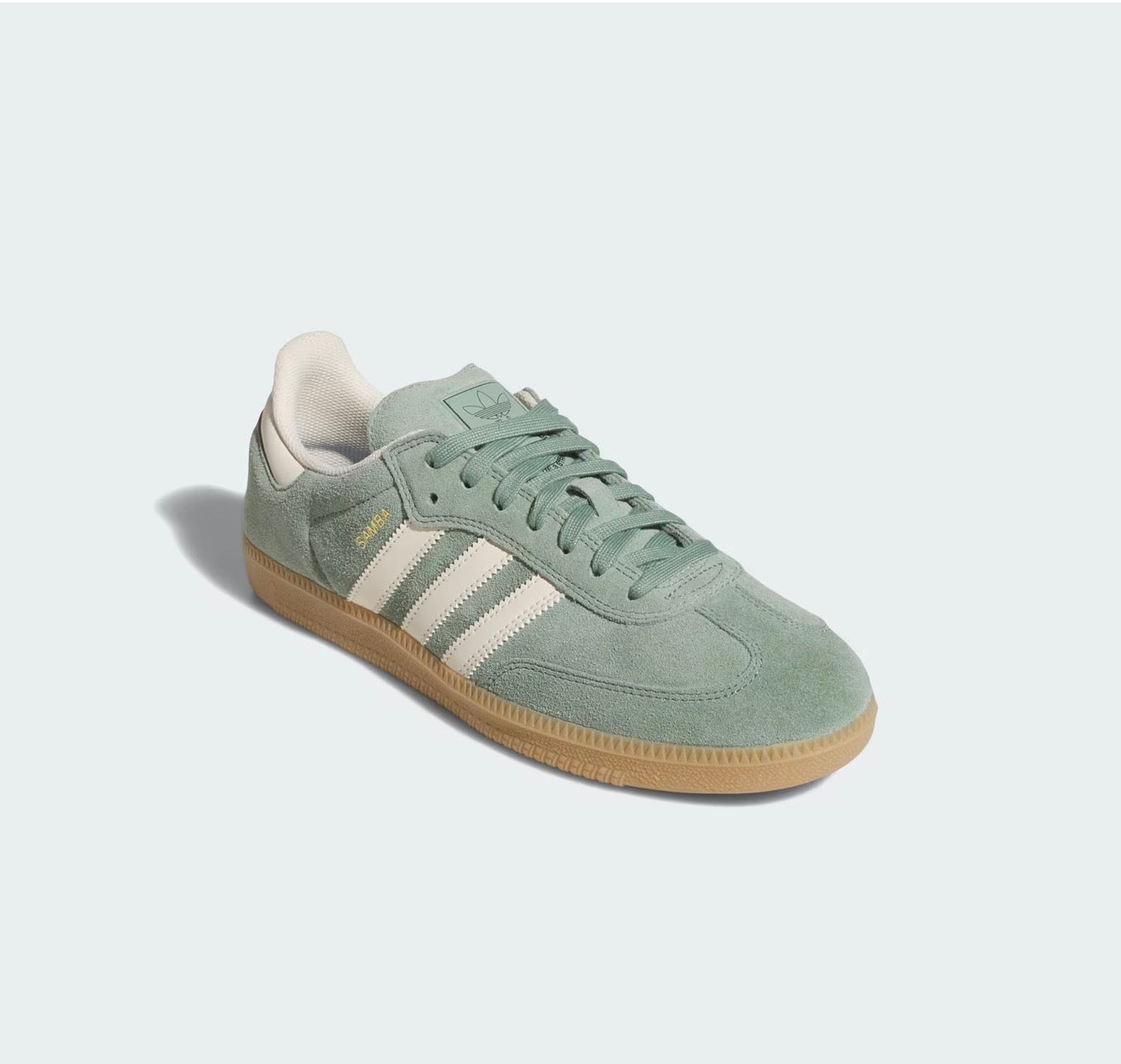 Adidas Samba seafoam green suede sneaker with white stripes and gum sole